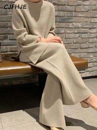 Tweedelige damesbroek CJFHJE Gebreid truipak Dames Elegant Effen O-hals Truien Wijde pijpen Dame Winter Zacht 2 sets Homewear