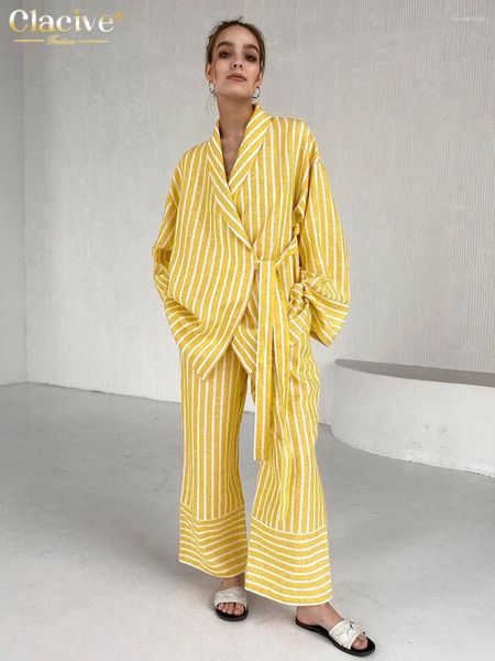 Pantalon de deux pièces pour femmes Clacive Casual Yellow Stripe Accueil Costumes élégant taille haute large ensemble mode chemises à manches longues femmes tenue