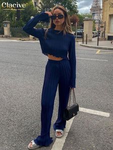 Pantalon deux pièces pour femmes Clacive Fashion T-shirts à manches longues Set s Bodycon Blue Plissé Set Streetwear Élégant Pantalon Large Costumes 221130