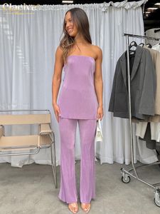 Tweedelige broek voor dames Clacive Fashion Purple Pleated Women Outfits Sexy strapless mouwloze tanktop met hoge taille set vrouwelijk 230504