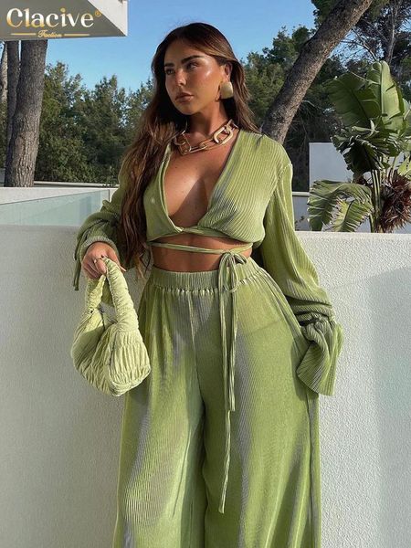 Pantalon deux pièces pour femmes Clacive Sexy Green Set Femmes Casual Loose Bandage Blouses Shirt Matching Wide Leg Pantalon Costume Élégant 2 Pant 230313