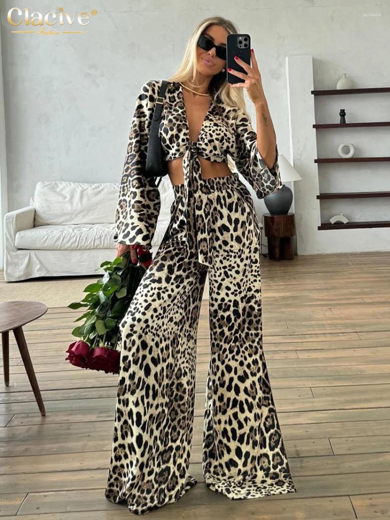 Women's Two Piece Pants Clacive Sexy Loose Leopard Print 2 Sets Women Outfit Elegant Long Sleeve Lace-Up Crop Top With High Waist Slit Set