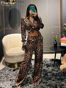 Pantalon de deux pièces pour femmes Clove sexy Slim Leopard Imprimé en deux pièces pour femmes 2023 Fashion Long Mancheve Shirt Medium Wide Jam Lezer Set T230828