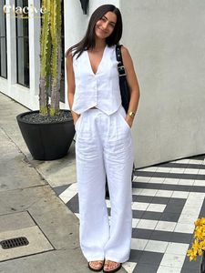 Pantalon de deux pièces pour femmes Clacive Summer White Linen Set pour femmes 2023 Mode Débardeur sans manches en correspondant taille haute large 230802