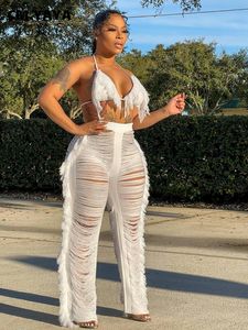 Pantalon deux pièces pour femmes CM.YAYA Sexy Beach White Women 2pcs Set Tassel Crop Tops and Hole Wide Leg Pants Set Survêtement Survêtement Deux pièces Set Outfits 230225