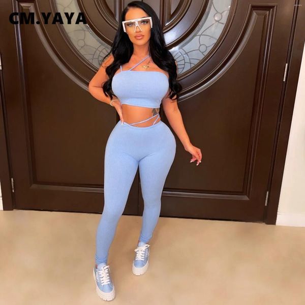 Pantalon de deux pièces pour femmes CM.YAYA Entraînement Knit Ribbed Femmes 2 Set Tenues SweatSuit 2024 Summer Crop Top et Legging Assortiment Survêtement