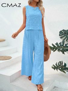 Pantalon féminin à deux pièces Cmaaz Summer Blue 2 pièces Set Woman Tentifit Round Coule Slveless Top Elastic Wide Jam Leg Pant 2024 Nouveau dans les ensembles assortis C8139 Y240426