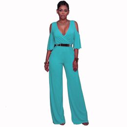 Tweedelige broek voor dames koude schouder v nek riem brede been overalls macacao feminino longo vrouwen halve mouw wrap lange broek stevige kleuren jumpsuit 221123