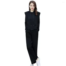 Dames tweedelige broek Comfortabel Stijlvol pak Drie-delige Set Zwarte kap Vestjacht Elastische taille Wijd been voor kantoor vrije tijd