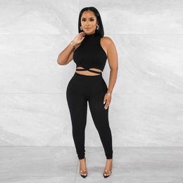 Pantalon deux pièces femme Conjunto de duas peas de roupa esportiva casual slido sem mangas crop tops e calas lpis ajuste fino feminino leggings terno streetwear P230516