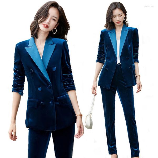 Pantalon deux pièces femme velours côtelé bleu costumes femmes automne hiver 2023 haut de gamme mode tempérament Slim Blazer et bureau dames vêtements de travail