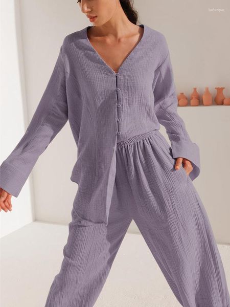 Femmes deux pièces pantalon coton lin pantalon costume 2023 été doux blanc boutonné chemise deux pièces ensemble Harem maison pour les femmes