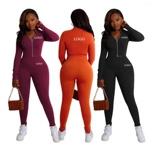 Pantalon de deux pièces pour femmes Custom Crop Top Femmes SweatSuit Set Survêtement Zip Up Automne Jogging Sweat à capuche Solid Joggers