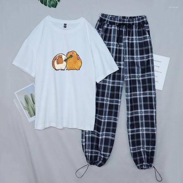 Pantalon deux pièces femme mignon nuit pyjama ensemble pour femmes Homewear pantalons et hauts taille haute dames cochon d'inde dessin animé vêtements