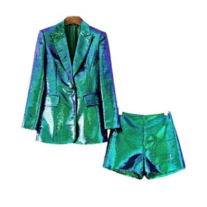 Dames tweedelige broek Dark Green Two Color Pargins Bling Blazer Shorts Fashion tweedelige kledingbroek 0108