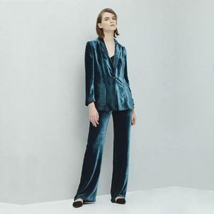 Pantalones de dos piezas para mujer Trajes de madre de la novia de terciopelo azul lago oscuro 2 piezas Blazer para mujer Abrigo Fiesta formal de negocios Trajes de fiestaMujeres