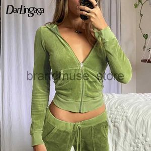 Pantalon de deux pièces pour femmes Darlingaga Vintage Mode Vert Velours Automne Survêtement Femmes Zip Up Sweat À Capuche Et Pantalon Costumes Deux Pièces Ensemble Entraînement Solide Tenues J231216