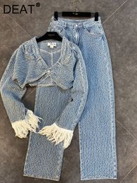 Tweedelige broek voor dames deit herfst aankomsten Lange Tassel Sleeve Single Button Denim Short Jackethigh Taille Full Jeans Tweed Piece Set Women MK359 230325