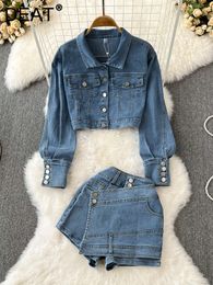 Tweedelige damesbroek DEAT Casual set revers met lange mouwen, los denim jack Fake tweedelige slanke shorts met hoge taille 2023 lente 11XX01021 230302