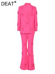 Zweiteilige Damenhose DEAT Fashion Damen Dreidimensionale Dekoration Blazer Hohe Taille Gerade Solide Rosa Hose Sets Frühling 19J3059 231114