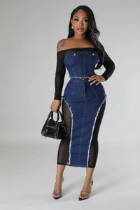 Dames tweedelige broek denim set outfit sexy mesh doorzichtige rok patchwork lange mouwen schuine nek nachtcluboutfits om te kleden 231205