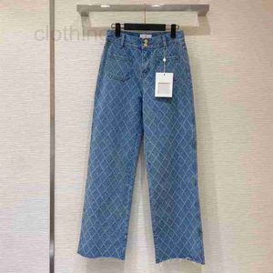 Dames tweedelige broek Designer 22 Seizoensgebonden diamant Plaid High Taille Straight Jeans met kant C0D7