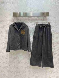 Dames tweedelige broek designer luxe merk grijs denim dames lange mouw revers enkele rij knopen zak jas pak hoge taille trainingspak SB59