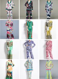 Pantalons de deux pièces pour femmes Designer Runway Spring Costumes pour femmes Chemise imprimée à manches longues et vêtements pour femmes à jambes larges Pantalon Polo Chemise à revers Costume