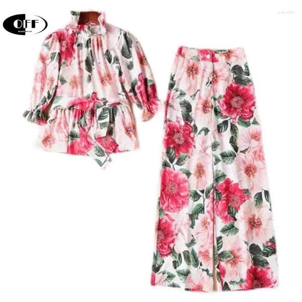 Pantalones de dos piezas para mujer Diseñador Verano Conjunto de 2 piezas Pasarela Moda Volantes Blusa de manga 3/4 De longitud completa Tops con flores rosas Pantalones Trajes