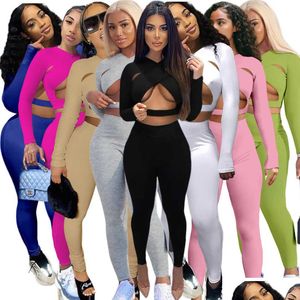 Pantalones de dos piezas Femeninos Diseñadores Ropa para mujeres 2021 Color sólido Sexo Corte cruzado Traje de deportes Drop de entrega de ropa para mujeres Dhkyc