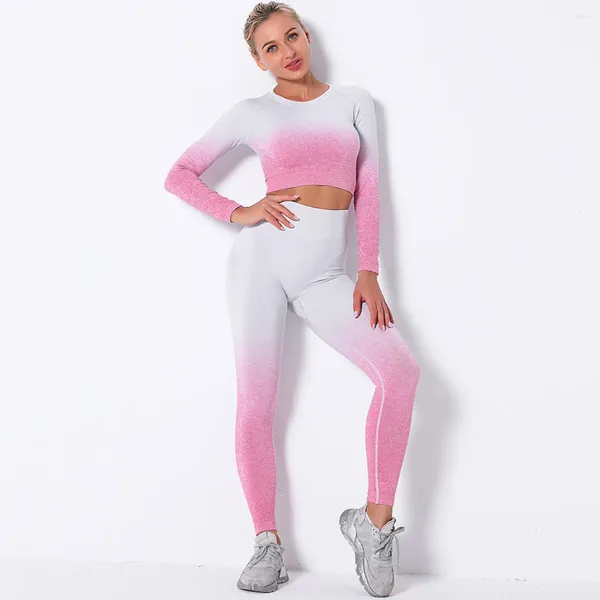 Pantalones de dos piezas para mujer Dip Dye Mujeres Conjuntos deportivos sin costuras Trajes 2 Leggings Manga larga Crop Top Entrenamiento Gimnasio Traje Fitness Correr