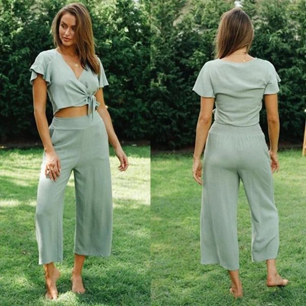 Pantalones de dos piezas para mujer Donsignet Moda Sólido Sexy Casual Traje para mujer con cuello en V Vendaje Camisa de manga corta acampanada Pierna ancha Mujer de dos piezas