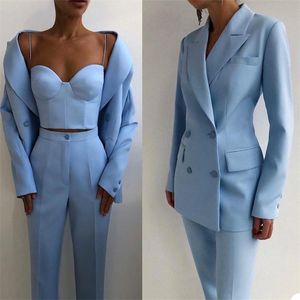 Pantalones de dos piezas para mujer Traje de madre de la novia azul cielo con doble botonadura Trajes de mujer Damas Boda formal Fiesta de noche Esmoquin Ropa de trabajoW