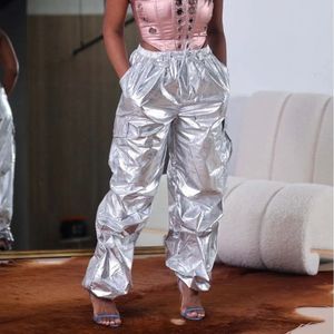 Women's Two Piece Pants Echoine-Pantalon cargo taille haute pour femme argent metallique possede des poches bas decontractes mode de rue fjAutumn nouveau 231206