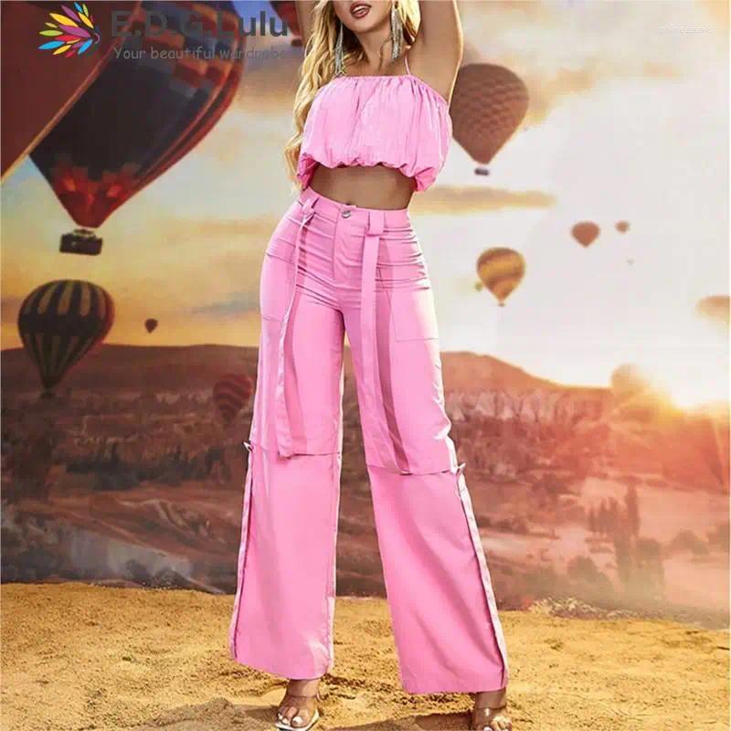 Women's Two Piece Pants EDGLuLu Sexy Leisure Beach Vacation Suspender Top High Waisted Large Pocket Straight Leg Sets For Women 2 Pieces