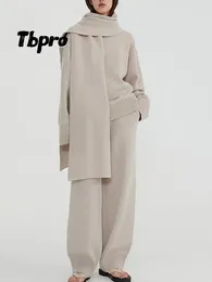 Pantalon deux pièces pour femmes, élégant manteau, col écharpe, pull tricoté, ensembles décontractés, jambes larges, tenues à la mode, Style ample 2023