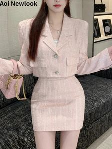 Tweedelige damesbroek, elegante mode, roze tweedpak, dames herfst Y2K hoge kwaliteit blazer, jaszak, heuprok, tweedelige set voor woon-werkverkeer 231212
