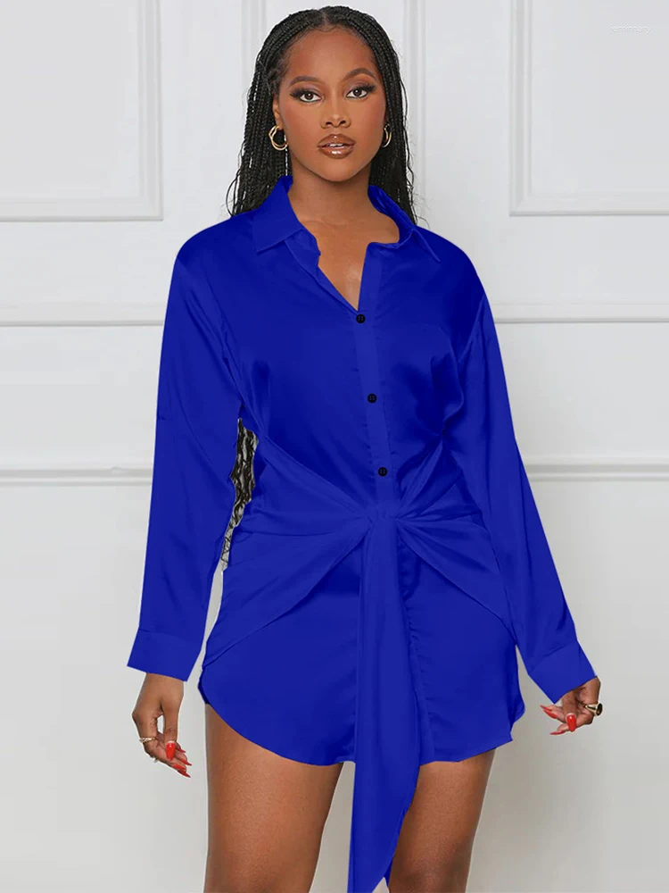 Kvinnors tvåbitar byxor Elegant Fashion Tie Front Shirt Dress Sexig Turn Down Collar Long Sleeve Bodycon Dresses Vintage Button Blue