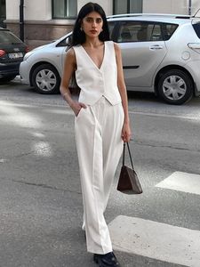 Dames tweedelige broek Elegante mode Witte 2 Sets Women V Neck -knop Tanktops met rechte broekpakken Simple Casual Office Lady