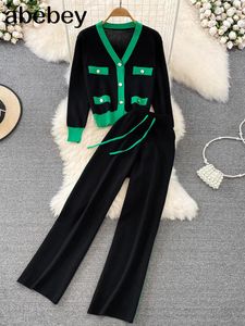 Pantalones de dos piezas para mujer, traje de punto elegante, conjunto de mujer, cárdigan de suéter coreano de primavera 2023 y pantalón de pierna ancha a la moda, trajes elegantes para mujer