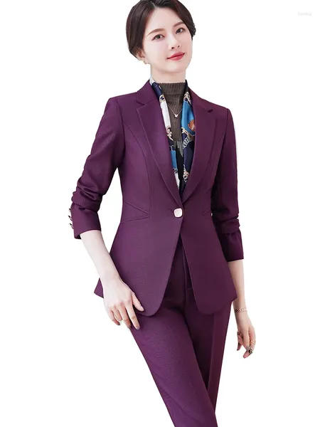 Pantalon de deux pièces pour femmes élégant dames pantalon costume femmes violet bleu noir solide formel blazer et pantalon femme affaires vêtements de travail 2 ensemble