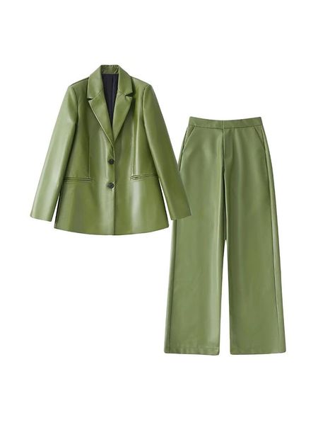 Pantalon deux pièces pour femme élégant travail de bureau costumes en faux cuir pour femmes Blazer à simple boutonnage et ensembles de jambes droites tenues pour femmes