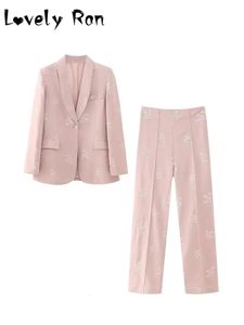 Tweedelige broek voor dames elegante roze borduurwerk blazer lange broek sets voor dames 2 stuks chique jas trouwbroek pakken vrouwelijk avondbroekpak 231211