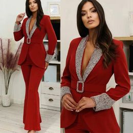 Pantalones de dos piezas para mujeres Traje de cristal rojo elegante 2 Vestido de novia de novia de boda Set formal de negocios (pantalones de chaqueta)