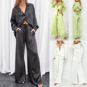 Pantalon deux pièces pour femmes élégant pantalon en satin ensemble femme chemise à manches longues et jambe large droite vêtements de nuit 2 pièces tenues d'été 220830