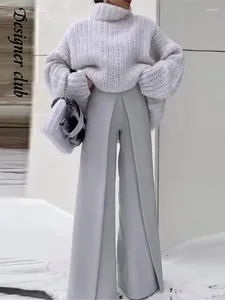 Tweedelige broek voor dames elegante massief coltrui trui set chic losse dikke bovenste taille rechte broekpak 2023 herfst dame streetwear