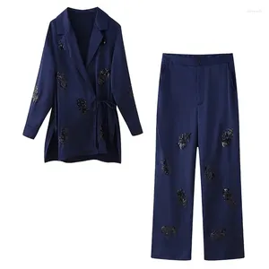 Tweedelige broek voor dames elegant pak pailletten satijn kimono jas shirt blouse 2024 met hoge taille uit breedbenige tweedelige kleding