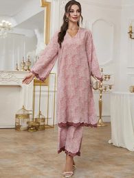 Pantalones de dos piezas para mujer Chándal elegante Conjunto de 2 trajes para mujer Ropa de primavera Abayas Dubai Estampado de túnica Top y conjuntos Muslin a juego