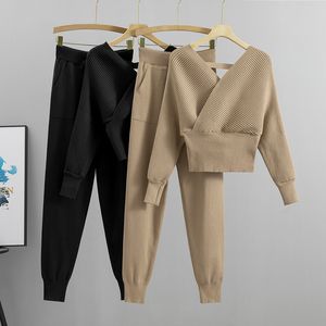 Tweedelige broek voor dames, elegant trainingspak, sexy tweedelige set, dames, Koreaanse stijl, geribde gebreide rugloze top en lange harembroek, pak, herfstoutfits y2k 230920