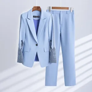Dames tweedelige broek Elegant Dames Formeel 2 sets Blauw Wit Roze Jas Broekpakken Kantoor Dames Zakelijk Werkkleding Blazer Broeksets